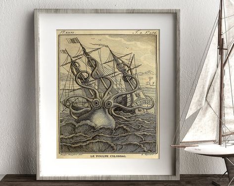 Octopus Triptychs Nautical & Botanical Art by SpottedOctopusShop Kraken Sea Monster, Octopus Art Print, Creature Marine, Octopus Art, Deco Retro, Framed Oil Painting, Home Decor Paintings, Kraken, Retro Stil