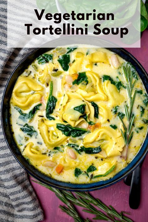 Warm up your soul with this Creamy Vegetarian Tortellini Soup. It's a fuss-free recipe that serves up gourmet taste in the comfort of your home, ideal for those chilly nights. White Bean Tortellini Soup, Gluten Free Tortellini Soup, Tortellini Soup Vegetarian, Vegetarian Tortellini Soup, Vegetarian Tortellini, Gluten Free Tortellini, Cheese Tortellini Soup, Creamy Tortellini, Creamy Tortellini Soup