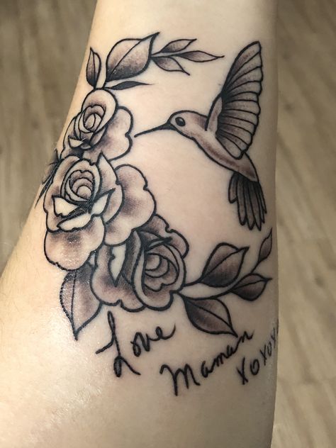 Hummingbird Memory Tattoo, Hummingbird With Rose Tattoo, Hummingbird Rose Tattoo, Losing Grandma, Hummingbird And Rose Tattoo, Tattoo Hummingbird, Memory Tattoos, Red Hummingbird, In Loving Memory Tattoos