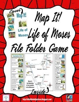 We had a lot of fun using this Map It! Life of Moses File Folder Game! This was used for a 13 week study of the Life of Moses. I printed a large version of the map to use and show the students where Moses was each week and they added a sticker to mark the spot in their file folder. Moses Sees The Promised Land Craft, File Folder Ideas, Church Games For Kids, Bible Geography, Bible Study Exodus, Life Of Moses, Folder Ideas, Church Games, Hebrew School