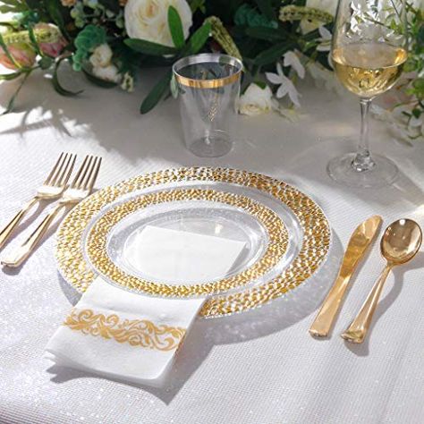 White And Gold Plates Table Setting, Plastic Plates Wedding Table Settings, Clear Plates Table Setting, Brides Hairstyles, Wedding Silverware, Plastic Plates Wedding, 30th Bday Party, 70th Birthday Decorations, Gold Plastic Plates