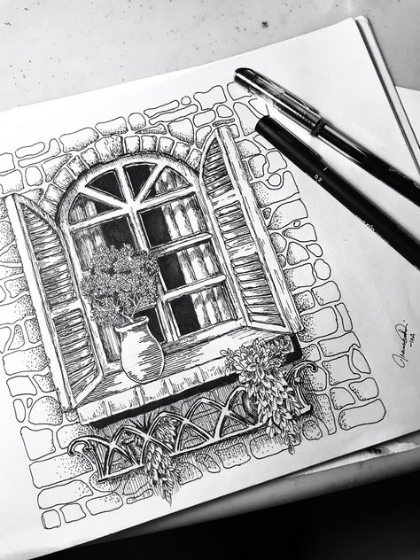 Simple Pen Art Doodles, Pen Art Work Drawings, Pen Art Doodle, Pen Lettering, Fineliner Art, Pen Art Work, Perspective Drawing Architecture, Clever Captions, Vintage Window