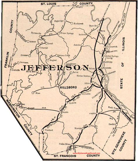 Jefferson County Missouri 1904 Map Hillsboro, Crystal City, Festus, Desoto, Hematite, Herculaneum, Kimmswick, Antonia, Victoria, Pevely Missouri History, Crystal City, Wayne County, Dream Property, County Map, Jefferson County, Washington County, Metal Detecting, Craft Booth