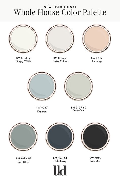 4 Steps to Create a Whole-House Color Palette Modern Vintage Color Scheme, Studio Mcgee Living Room Paint Colors, House Color Schemes Interior Modern, Whole House Design Scheme, While House Color Palette, Transitional Color Palette For Home, Heritage Color Palette, House Color Pallet Interiors, French Cottage Color Palette