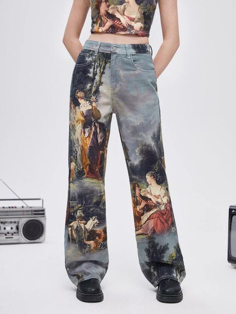 Colored Denim Jeans, Retro Looks, Love Jeans, Painted Clothes, Plant Print, Women Denim Jeans, Tall Women, Sweet Style, Colored Denim