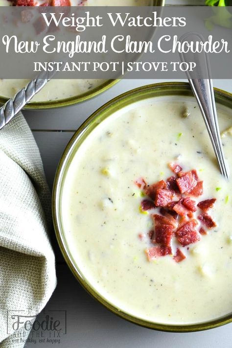 This Weight Watchers Instant Pot New England Clam Chowder uses cauliflower to make it rich and creamy without any heavy cream. Stove top instructions, too! GF. #healthyinstantpot #instantpot #soup #healthysoup #chowder #21dayfix #portionfix #weightloss #mealplan #mealprep #healthy #healthydinner #weightwatchers #freestylepoints #glutenfree Cream Stove, New England Clam Chowder, Healthy Soups, Seafood Chowder, 21 Day Fix Meals, The Fix, Clam Chowder, Chowder Recipes, Instapot Recipes