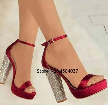 Red Heels Prom, Quince Heels, Quinceanera Shoes, Chunky Heel Platform Sandals, Sparkly High Heels, Burgundy Heels, Crystal Dress, Crystal Heels, Prom Heels