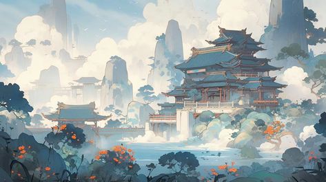 Asian Wallpaper, Studio Ghibli Fanart, Chinese Wallpaper, Japan Image, Chinese Aesthetic, Japanese Drawings, Architecture Wallpaper, Desktop Wallpaper Art, Landscape Background