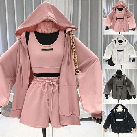 Casual Shorts Three 3 Piece Sets Women Vest Drawstring Shorts Hooded Zipper Jacket Sportswear Suits Female Solid Sports Hoodie M-black Vest Set, Korean Casual Outfits, Short Vest, Women Coat, Dinner Outfits, Casual Coat, Casual Sets, Sports Jacket, Drawstring Shorts