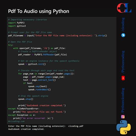 Pdf To Audio using Python Free Code: https://www.clcoding.com/2024/05/pdf-to-audio-using-python.html Python Game Code, Python Programming Aesthetic, Coding Notes, Python Cheat Sheet, Python Coding, Python Code, Computer Science Programming, Web Development Programming, Learn Computer