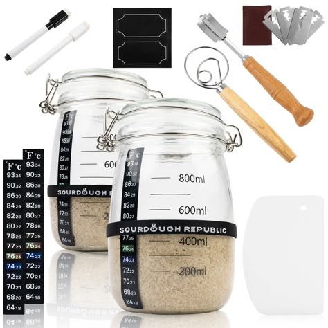 PRICES MAY VARY. Sourdough starter jar kit - this sourdough jar kit is sold by actual sourdough home enthusiasts. We use these jars ourselves and know what makes the perfect sourdough jar. We've included two jars with each kit so you can activate and store your starter at the same time. We've included easy-to-follow instructions for making your first sourdough starter - making this the perfect gift for the home baker. Each sourdough kit comes all of the bread making tools and supplies you'll nee Starter Dough, Sourdough Starter Jar, Sourdough Bread Starter, Dough Starter, Sourdough Starter Discard Recipe, Starter Recipe, Bread Starter, Homemade Sourdough Bread, Homemade Sourdough