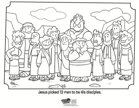 Kids coloring page from What's in the Bible? featuring the 12 disciples. Volume 10: Jesus is the Good News! Jesus Chose Disciples Craft, 12 Disciples Of Jesus Free Printable, 12 Disciples Coloring Page, Jesus Chooses His Disciples Craft, 12 Disciples Craft, 12 Disciples Of Jesus, Disciples Craft, 12 Disciples, Sunday School Coloring Pages