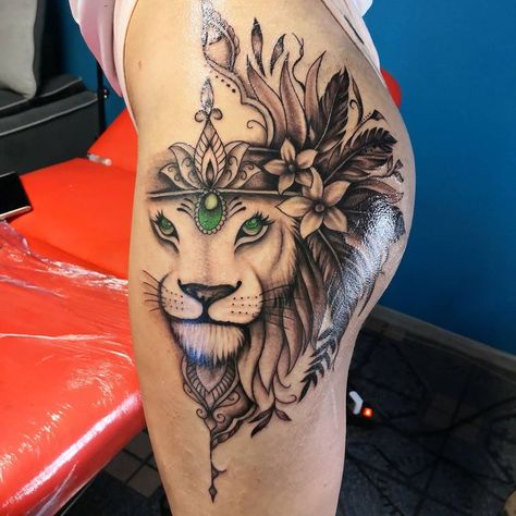 Lion Thigh Tattoo Black Women, Lioness Tattoo For Women Thighs, Thigh Tattoos For Females, Lion Thigh Tattoo, Leo Lion Tattoos, Lion Tattoo On Thigh, Tattoos For Females, Leo Zodiac Tattoos, Thigh Tat