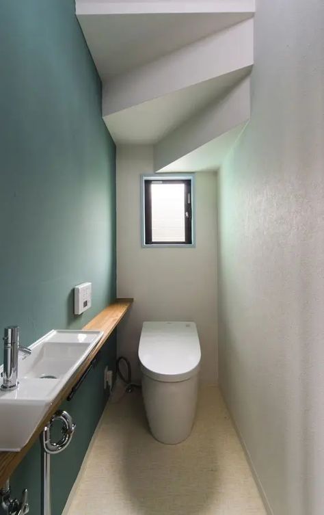 Stairs Powder Room, Understairs Toilet, Room Under Stairs, Tiny Powder Room, Small Downstairs Toilet, Bathroom Under Stairs, Green Accent Walls, Powder Room Wallpaper, Small Toilet Room