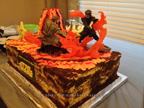 Mustafar Star Wars Battle Scene Cake... Coolest Birthday Cake Ideas Star Wars Battle Scene, Mustafar Star Wars, Star Wars Cake Ideas, Anakin Vs Obi Wan, Lego Star Wars Cake, Star Wars Themed Party, Darth Vader Cake, Star Wars Battle, Star Wars Birthday Cake