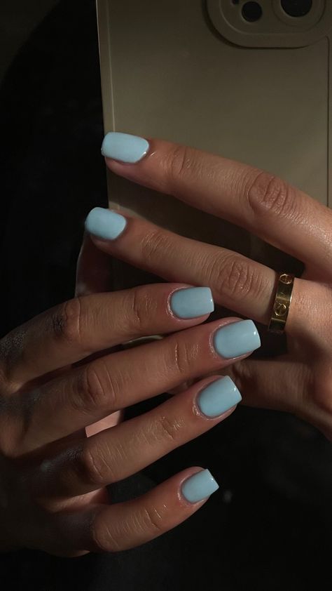 #trendynailart #neutral #cutenaildesigns #bluenail #babybluenails #babyblue #aestheticnails #nails2022 Square Light Blue Nails, Cute Baby Blue Nails Short, Babyblue Nails Design, Short Square Blue Nails, Nail Baby Blue, Natural Nails Blue, Blue Natural Nails, Gel Overlay Nails, Birthday Nail