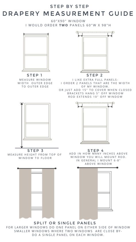 Custom Curtains in Family and Bedroom with Curtain Panel Measurement Guide - Nesting With Grace Curtain Sizing Guide, 1 Curtain Panel On Window, One Panel Curtain Ideas, Curtain Size Guide, Creative Curtain Ideas, Walmart Kids, Long Curtain Rods, Blackout Curtains Bedroom, Interior Design Help