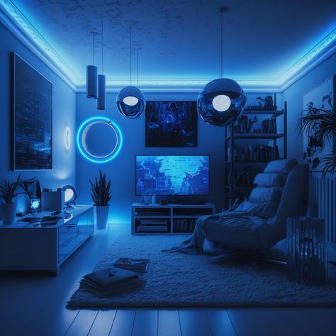 A blue LED lighted room can add both style and tranquility to your home decor. By choosing the right shade of blue, incorporating blue LED lights, mixing and matching blue decor elements, adding natural elements, and considering a blue accent wall, you can create a stunning and soothing space that you feel welcomed in. Gaming Room Blue Aesthetic, Blue Room Led Lights, Neon Blue Bedroom Aesthetic, Blue Room Ideas For Men, Blue Ambient Lighting, Blue Neon Room Aesthetic, Neon Blue Room Aesthetic, Blue Neon Bedroom, Navy Blue Gaming Setup