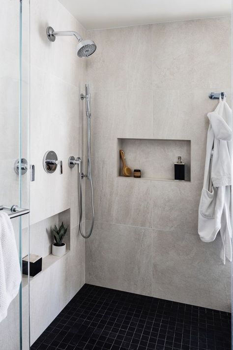 Minimalist Shower Niche Horizontal Shower Niche Ideas, Low Shower Niche, Kerdi Shower Niche, Double Shower Niche Ideas, Shower Niche For Leg Shaving, Shower Niche Sizes, Minimalist Shower Tile Ideas, Shower Niches Ideas Built Ins, Hidden Shower Niche