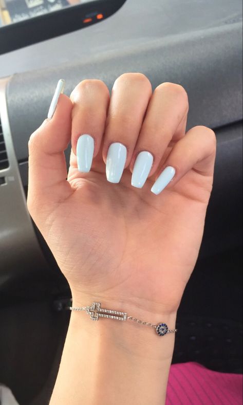 Ballerina Light Blue Nails, Short Plane Acrylic Nails, Acrylic Nails Pastel Blue, Light Blue Acrylic Nails Coffin Medium, Light Blue Nails Coffin Shape, Really Light Blue Nails, Ballerina Blue Nails, Milk Blue Nails, Simple Baby Blue Nails