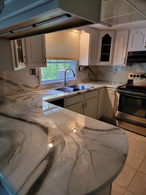 Epoxy Kitchen Cabinets, Epoxy Countertop And Backsplash, Epoxy Backsplash, Kitchen Island Epoxy Top, Epoxy Countertop Kitchens, White Epoxy Countertop, Fx Poxy Countertops, Appliance Epoxy Countertop, Expoy Resin Kitchen Counter Tops