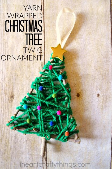 Go on a nature walk and gather some twigs to make this pretty yarn wrapped Christmas tree twig ornament. It makes a fun preschool Christmas craft. Yarn Wrapped Christmas Tree, Wrapped Christmas Tree, Twig Christmas Tree, Yarn Trees, Preschool Christmas Crafts, Ornament Tree, Christmas Tree Crafts, Preschool Christmas, Easy Christmas Diy