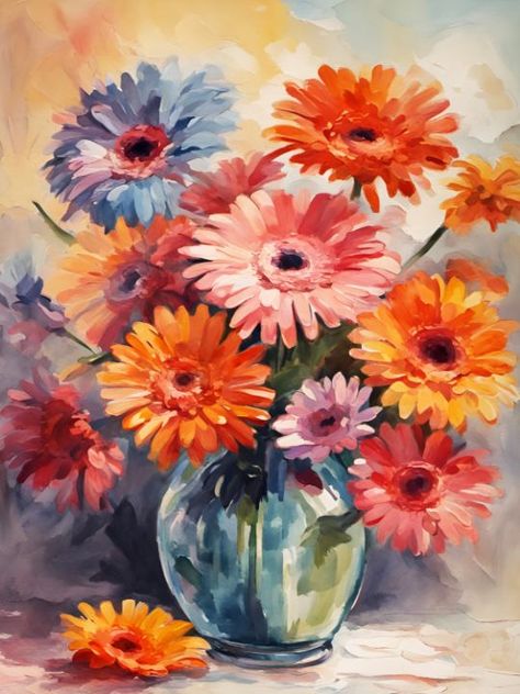 Gerbera Flowers in a Glass Vase 2 - ADC Images of Nature Gerbera Daisy Painting Acrylics, Painting Gerber Daisies, Gerbera Flower Painting, Gerbera Vase, Gerbera Painting, Flower Painting Gouache, Sunflower Artwork, Bombay Cat, Peach Peonies