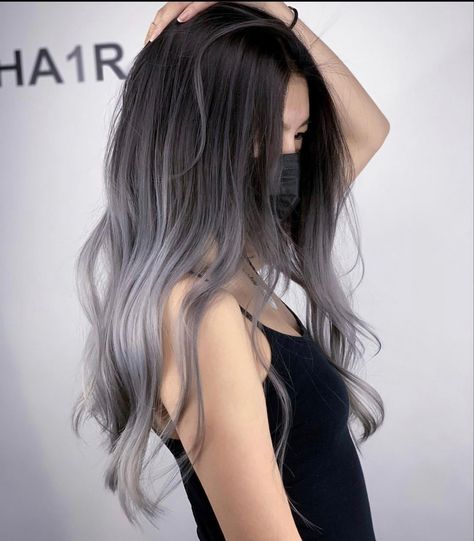 Smoky Gray Hair, Dark Roots Gray Hair Silver Ombre, Silver Asian Hair, Metallic Grey Hair Color, Purple Silver Hair Ombre, Silver Ends Hair, Ash Grey Balayage Asian, Smoky Hair Color, Smoky Grey Hair