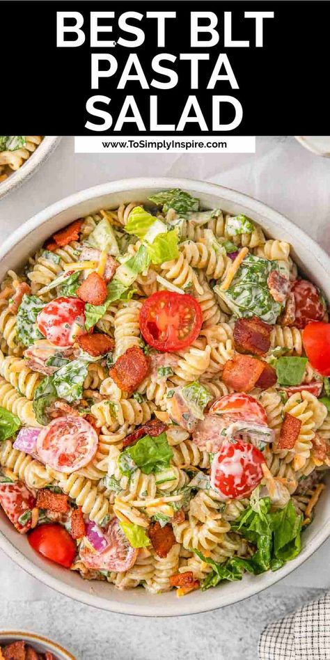 big white bowl full of blt pasta salad with text overlay that reads Best BLT Pasta Salad Blt Pasta Salad With Ranch Dressing, Bacon Tomato Pasta Salad, Blt Ranch Pasta Salad, Blt Salad With Pasta, Pasta With Lettuce Salad, Blt Side Dish Ideas, Salad Lady, Blt Pasta Salad Recipe, Bbq Spread