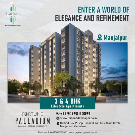 Step into a world of elegance and refinement with Fortune Palladium's luxurious 3 & 4 BHK lifestyle apartments. Experience a lifestyle of true opulence and grandeur with our beautifully designed residences. Apartment Poster Design, Apartment Brochure Design, Apartment Creative Ads, Apartment Advertisement, Real Estate Advertising Design, Apartment Ads, Apartment Flyer, Apartment Advertising, Real Estate Creative Ads