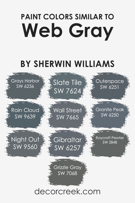 Colors Similar to Web Gray SW 7075 by Sherwin Williams Homburg Gray Exterior, Sherwin Williams Gibraltar, Granite Peak Sherwin Williams, Roycroft Pewter, Homburg Gray, Grizzle Gray, Grays Harbor, Best Gray Paint Color, Light Grey Paint Colors