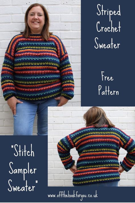 Striped Sweater - Free Crochet Pattern  - off the hook for you Different Crochet Stitches, Crochet Jumper, Crochet Sweater Pattern Free, Jumper Patterns, Off The Hook, Crochet Shawls And Wraps, Crochet Creations, Double Crochet Stitch, Crochet Cardigan Pattern