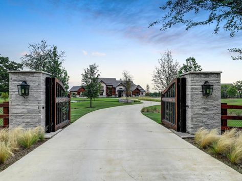 Farm Gates Entrance, Ranch Entrance Ideas, Entrance Gates Driveway, Driveway Entrance Landscaping, Southlake Texas, Farm Entrance, Ranch Gates, Jones Road, Estate Gates