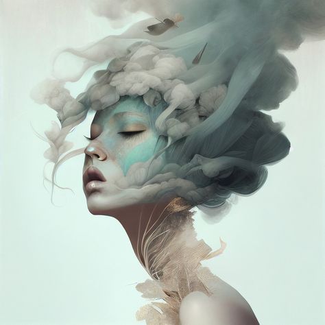 bird, goddess, feathers, female portrait, fantasy, clouds, fog, smoke, fineart, surreal, midjourney, ai Air Genasi Female, Cloud Person, Cloud Goddess, Wind Goddess, Bird Goddess, Fantasy Clouds, Air Goddess, Paint Reference, Flower Headdress