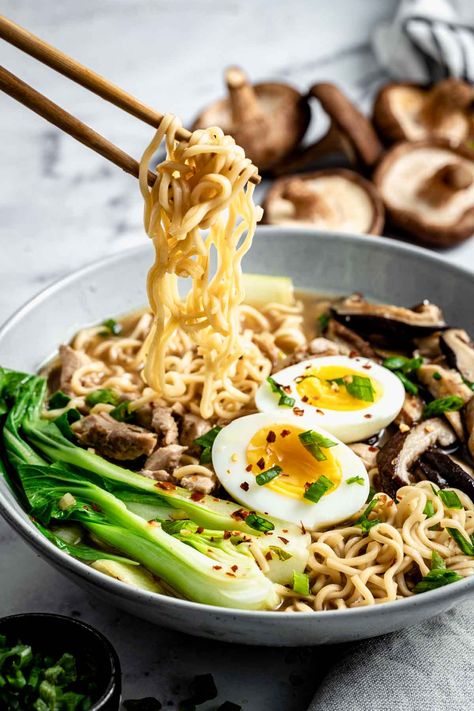 This easy and delicious Bok Choy Soup with tender chicken, ramen noodles, garlic, and ginger is popping with authentic slow-simmered flavor but takes less than 40 minutes to make. It is the perfect healthy and hearty weeknight soup, featuring one of my favorite vegetables: Bok Choy! Make it when you are craving Japanese Ramen, but don't want to leave the comfort of your own kitchen. Recipe With Ramen Noodles, Mediterranean Soups, Pok Choi, Weeknight Soup, Choy Recipes, Japanese Noodle Soup, Ramen Soup Recipes, Csa Box, Romantic Breakfast