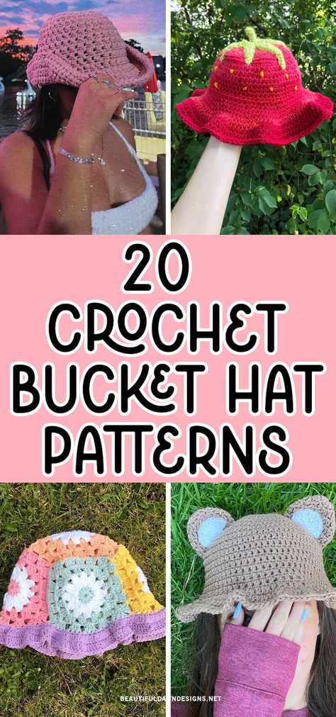 Looking for a fun and stylish DIY project? Try these easy crochet bucket hat patterns! Perfect for beginners and experienced crocheters alike. You'll find a strawberry hat, bear hat, cowgirl hat, granny square hat, and more! Bucket Hat Patterns, Bucket Hat Pattern Free, Easy Crochet Bucket Hat, Crochet Baby Cocoon Pattern, Cotton Crochet Patterns, Crochet Mens Hat, Crochet Hat Patterns, Crochet Animal Hats, Crochet Hat With Brim