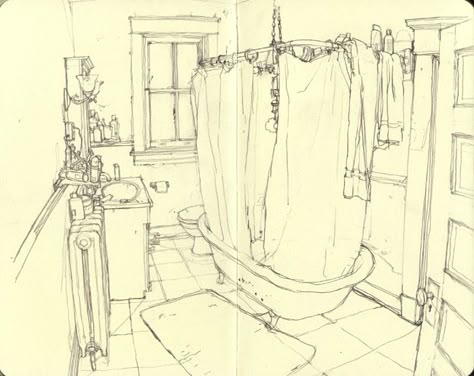 daniel robbins Bathroom Sketch, Art Puns, Curtain Drawing, Artist Sketchbook, Travel Sketches, Perspective Drawing, Urban Sketchers, Sketchbook Pages, Sketch Inspiration