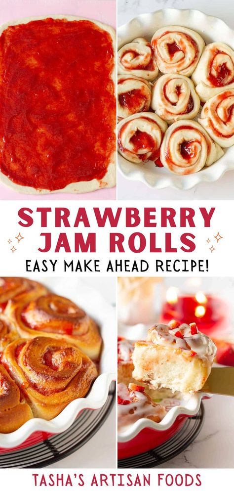 strawberry rolls being made and served with text overlay that reads strawberry jam rolls easy make ahead recipe Overnight Strawberry Cream Cheese Rolls, Strawberry Jam Cinnamon Rolls, Strawberries And Cream Rolls, Strawberry Croissant Recipe, Strawberry Breakfast Ideas, Strawberry Jam Desserts, Fruit Roll Up Recipe, Jam Desserts, Strawberry Sweet Rolls