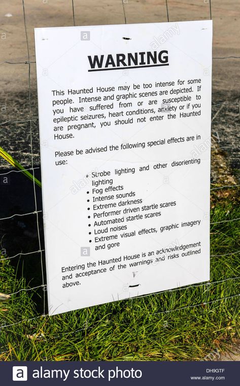 Download this stock image: Warning sign for a haunted house.... - DH9GTF from Alamy's library of millions of high resolution stock photos, illustrations and vectors. Daycare Signs, Haunted Maze, Haunted Woods, Yard Haunt, A Haunted House, Warning Sign, Halloween Haunted Houses, Creepy Halloween, Halloween Event