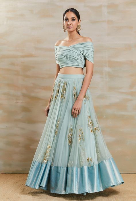 Fancy Blouse Designs For Lehnga, Multicolored Lehenga, Sky Blue Lehenga, Astha Narang, Drape Blouse, Baju Kahwin, Indian Outfits Lehenga, Lehenga Designs Simple, Traditional Indian Dress