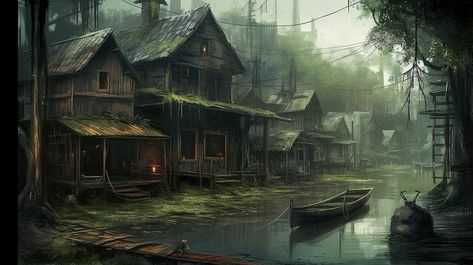 Zombie House, Art Desktop Wallpaper, Swamp House, Horror Inspiration, Louisiana Swamp, Fantasy Village, Fantasy Locations, Fantasy Town, House Wallpaper