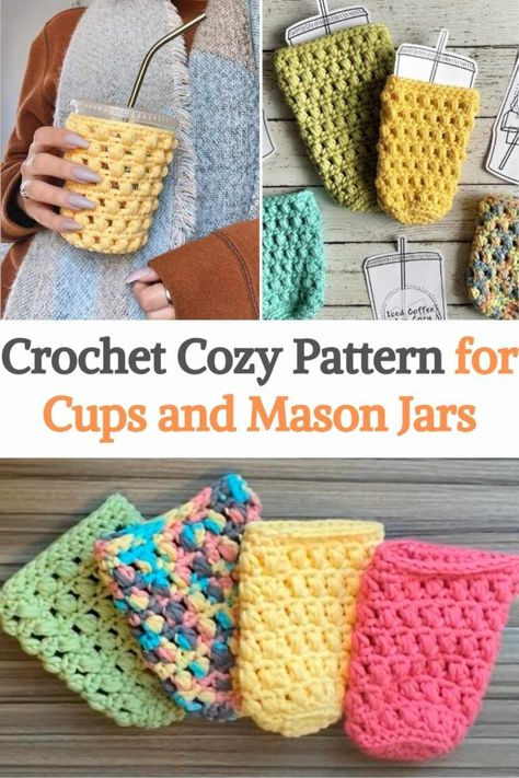 Learn how to crochet a cozy reusable (and machine washable) iced coffee to keep your drinks cold and your hands warm! This pattern fits in a standard 16 to 24 ounce iced coffee cup (like Dunkin' Donuts or Starbucks) and fits in mason jars too! For this crochet pattern, you will need the Bernat Maker Home Dec yarn, a 5.5 mm hook, a pair of scissors, and finally a small tapestry hook. This pattern is suitable for beginners! You should know that these stitches/abbreviations are used throughout... Starbucks Cup Sleeve Crochet, Crochet Drink Coozie, Crochet Mason Jar Sleeve, Home Dec Yarn Patterns, Crochet Cold Cup Cozy, Crochet Ice Coffee Cozy Pattern, Bernat Maker Home Dec Yarn, Cold Cup Cozy Crochet Pattern, Crochet Iced Coffee Cozy Pattern Free