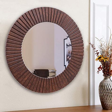 AmazonSmile: Chende 30'' Round Wall Mirror with Wooden Frame, Farmhouse Decorative Mirror with Bronze Finish, Large Rustic Mirror for Living Room, Bedroom, Entryway : Home & Kitchen Wooden Mirror Frame Design, Craftsman Wall Decor, Craftsman Mirrors, Mirror Frame Design, Mirror With Wooden Frame, Craftsman Home Decor, Large Round Wall Mirror, Farmhouse Bathroom Mirrors, Coastal Decorating Living Room