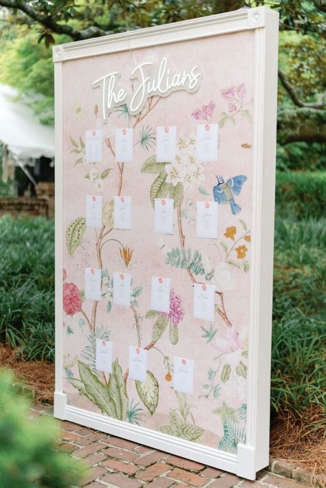 Whimsical pink wildflower seating chart wallpaper Long Fringe Dress, Bas Mitzvah, Wedding Seating Chart Display, William Aiken House Wedding, Bridgerton Wedding, Colorful Weddings, Wallpaper Wedding, William Aiken House, Diy Seating