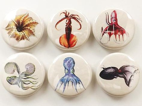 Octopus and Squid button pins, magnets, coasters, sea, beach, ocean, nature, marine biology, stocking stuffer, cthulhu, tentacles, kraken Rustic Beach Decor, Octopus Gift, Funky Gifts, Locker Decorations, Funky Home Decor, Ocean Decor, Marine Biology, Hand Mirror, Kraken