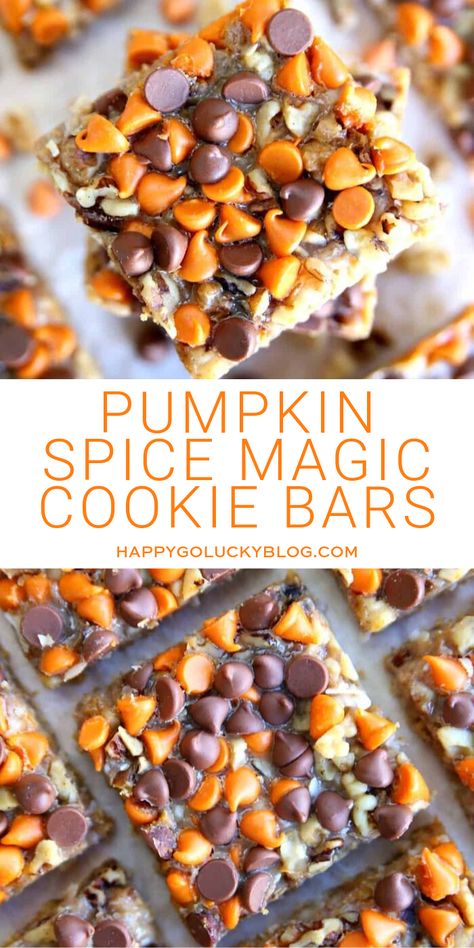 Spice Magic, Pumpkin Spice Chocolate, Pumpkin Spice Desserts, Fall Desserts Pumpkin, Magic Cookie Bar Recipe, Dessert Pumpkin, Fall Dessert Recipes Easy, Magic Cookie Bars, Magic Bars