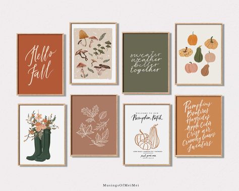 Fall Gallery Wall, Autumn Wall Decor, Fall Wall Print, Gallery Wall Art Prints, Fall Wall Art, Fall Printables, Pumpkin Print, Mushroom Art, Halloween Prints