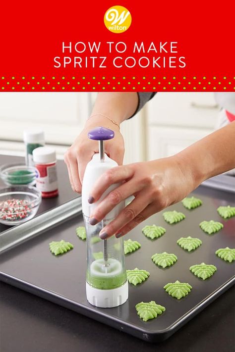 Buttery Spritz Cookies, Cookie Press Recipes, Christmas Spritz Cookies, Melted Candy, Spritz Cookie Recipe, Sanding Sugar, Spritz Cookies, Filled Cookies, Cookie Press