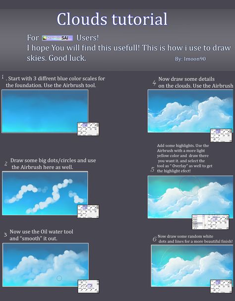 Clouds tutorial by Imoon90 Mural Ceiling, How To Draw Clouds, Draw Clouds, Cloud Tutorial, Ceiling Mural, Digital Art Tips, Painting Clouds, Digital Art Tutorials, Digital Painting Techniques