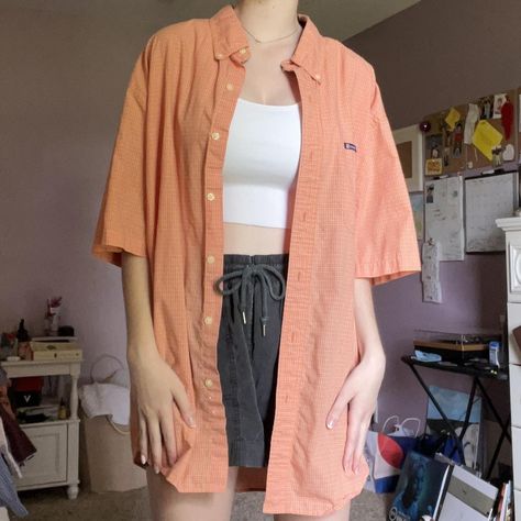 Light orange, red, and white plaid button up top.... - Depop #trendy #europeansummer #beach #aesthetic #granolagirl #coolgirl #coastal #vintage #fitspo #thrifty #downtowngirl Coastal Vintage, Red And White Plaid, Granola Girl, Button Up Top, European Summer, Vintage Button, Beach Aesthetic, Light Orange, Button Down Collar